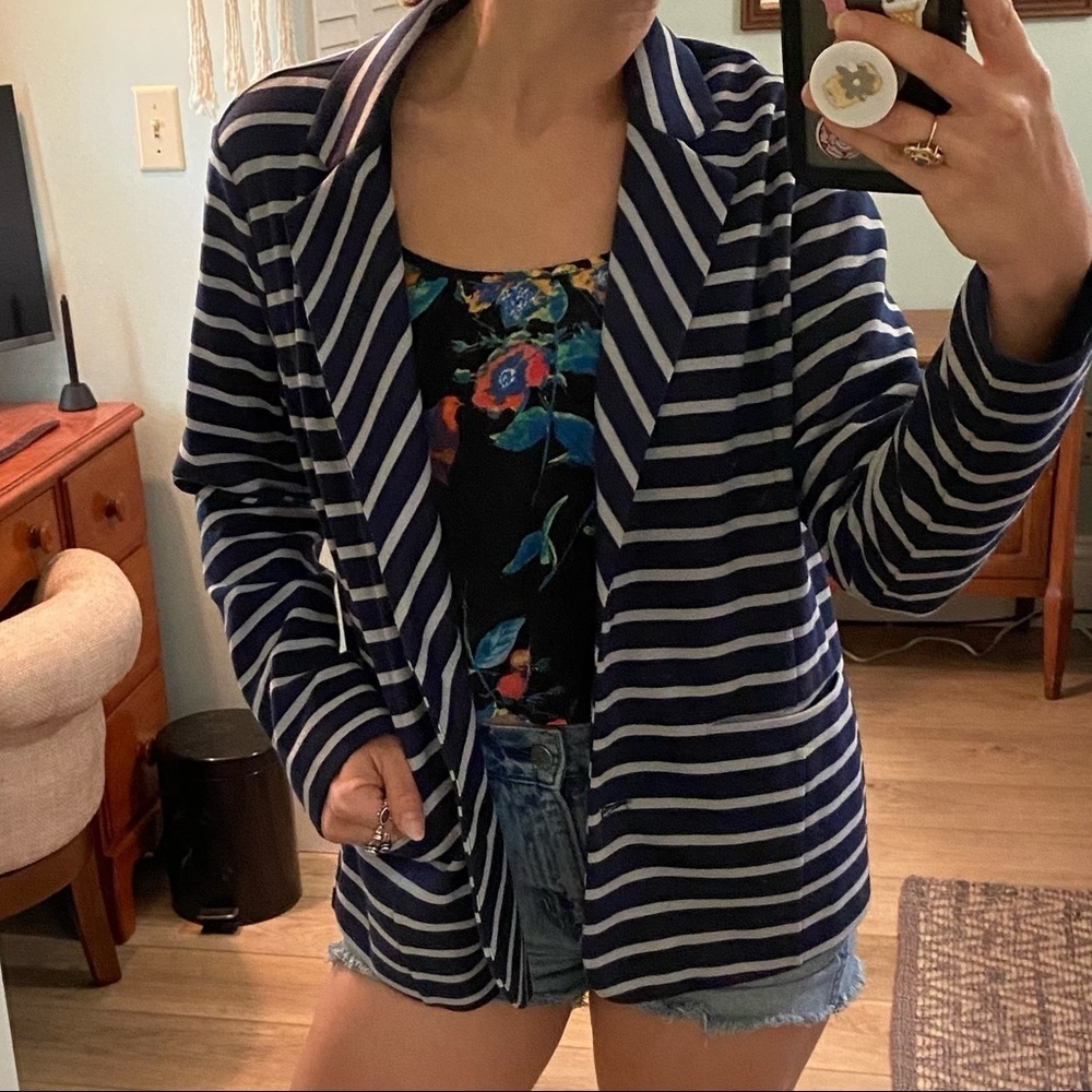 Appleseeds‎ Breton Striped Knit Blazer Navy Preppy Casual